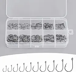 100 ganchos de pesca com 10 tamanhos com caixa de plástico portátil, anzol afiado forte de aço carbono com farpas para água do mar e água doce, peixe-gato, truta, robalo, polvo, presente de pesca para