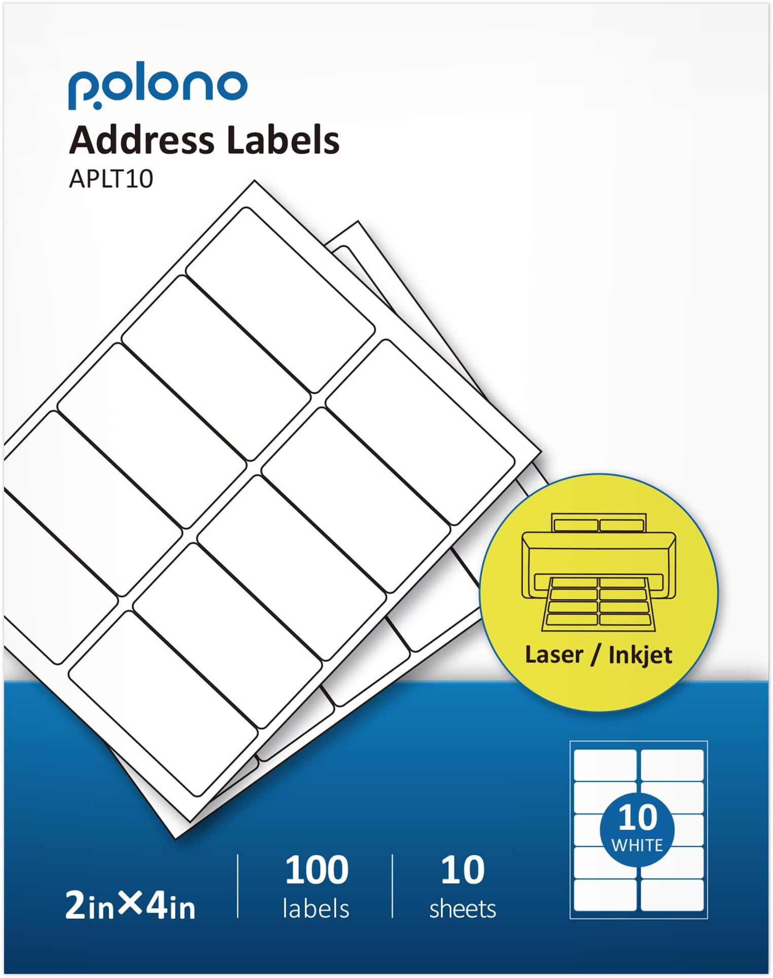 2" x 4" Shipping Address Labels Compatible with Avery 5163 8163, POLONO Internet Mailing Shipping Labels, White Sticker Labels for Laser/Inkjet Printer, Permanent Adhesive (100 Labels, 10 Sheets)