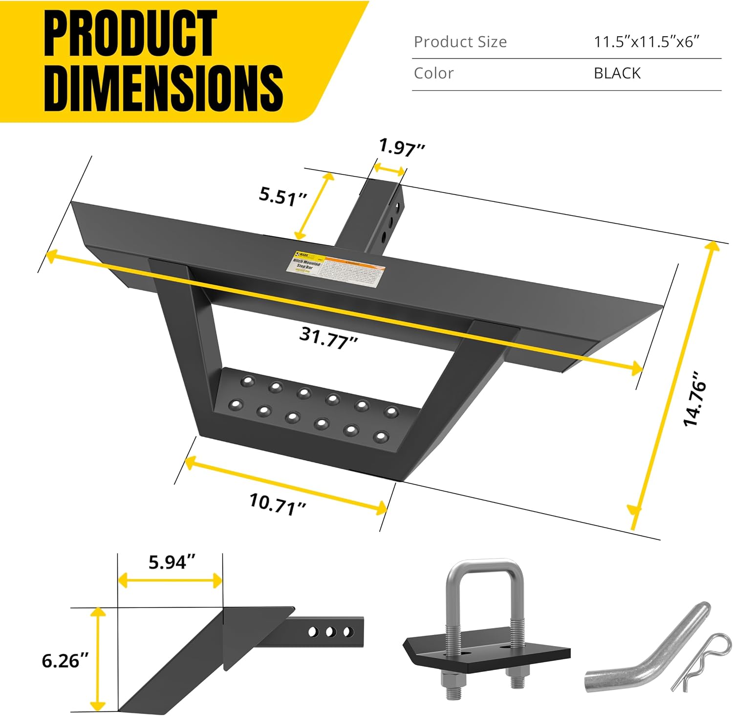 MaxxHaul 50941 Universal Steel Trailer Tow Hitch Step Bar with Drop Step Pads for Pickup Truck 2" Receiver