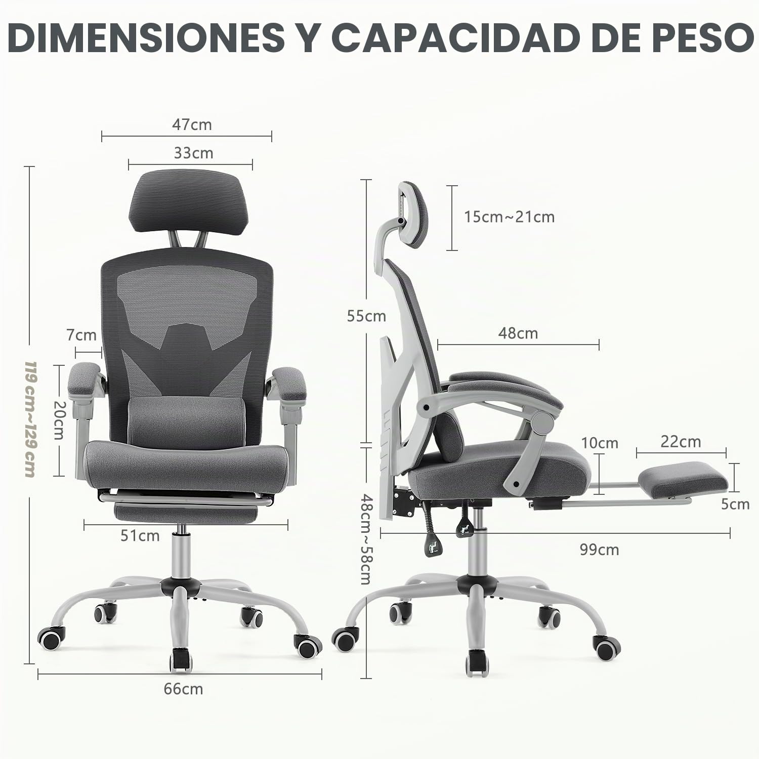 DUMOS Silla de Oficina Ergonómica: Adecuada para el hogar y la oficina, con Soporte Lumbar y Reposapiés, Gris