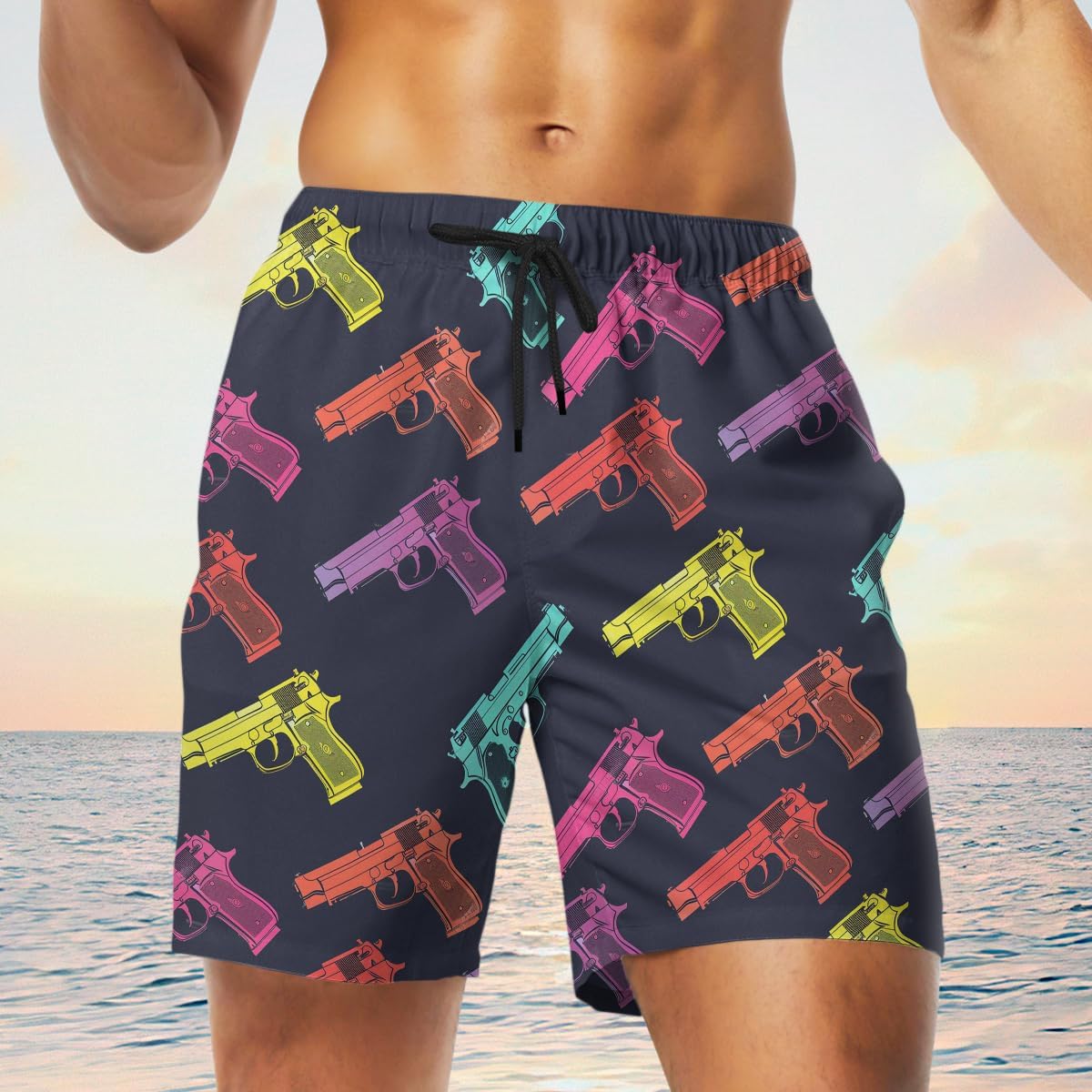 Military Gun Mens Swim Trunks - Gun Weapon Hawaiian Mens Swim Short Beach Shorts TU-SH-52