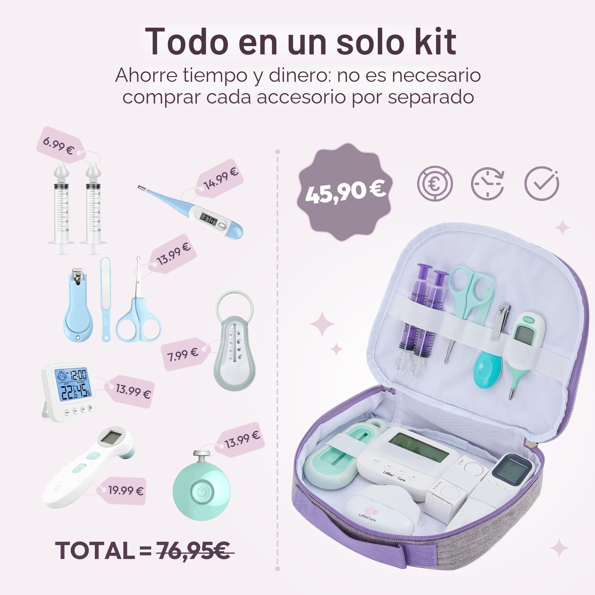 Estuche de aseo cuidado bebé: termómetro frontal, mosca bebe jeringa nasal, termómetro interior y baño, lima lijadora de uñas, estuche de nacimiento completo (termómetro de baño rosa)