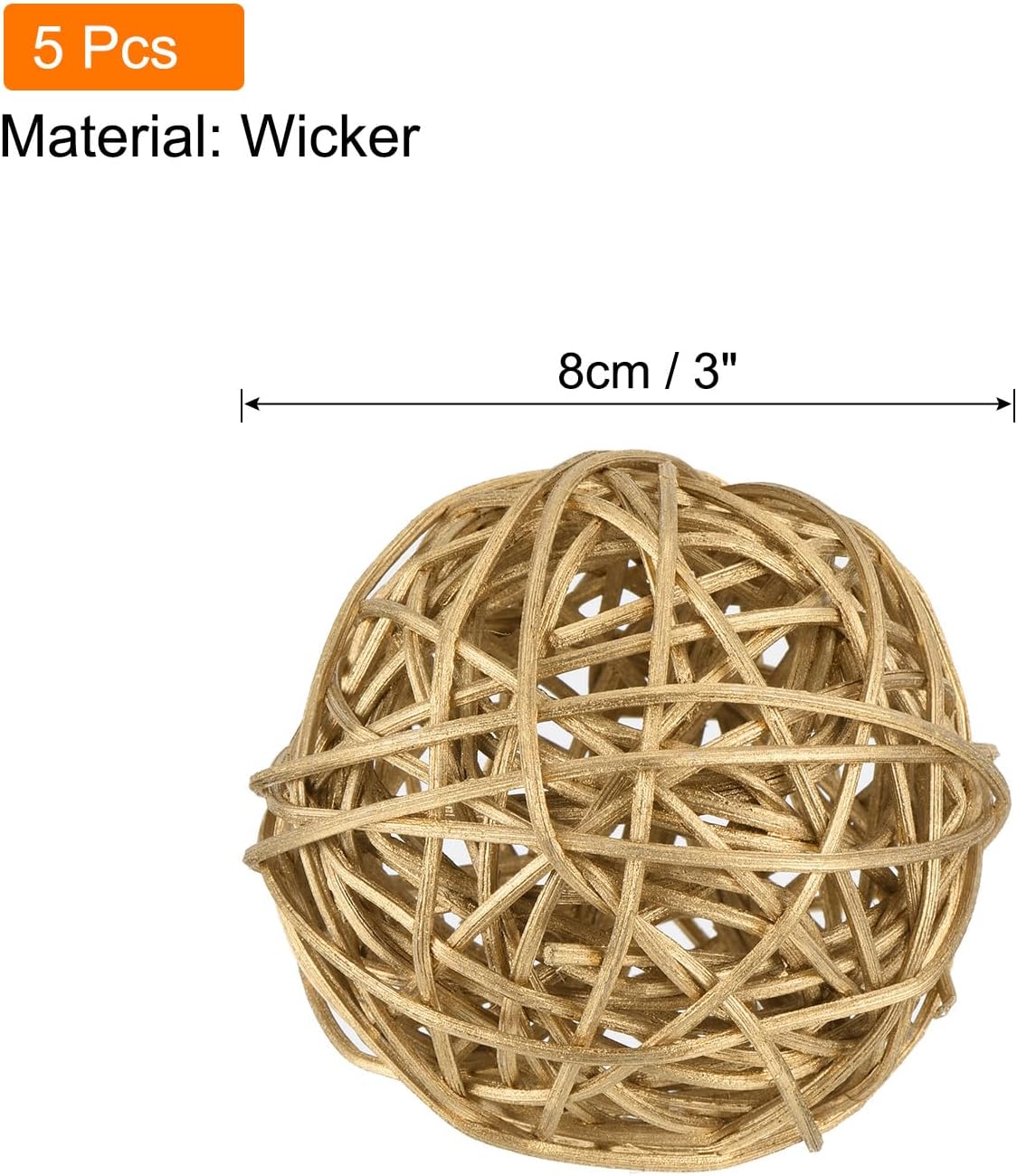 MECCANIXITY 5 Pcs Wicker Rattan Balls 3 Inch Rattan Decorative Balls Vase Fillers for Wedding Party Centerpiece Bowls Home Decoration Gold