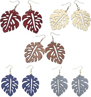 2 Pairs Natural Wooden Monstera Leaves Stud Earring for Women Tropical Plant Palm Leaf African Earrings Handmade Ethnic Jewelry