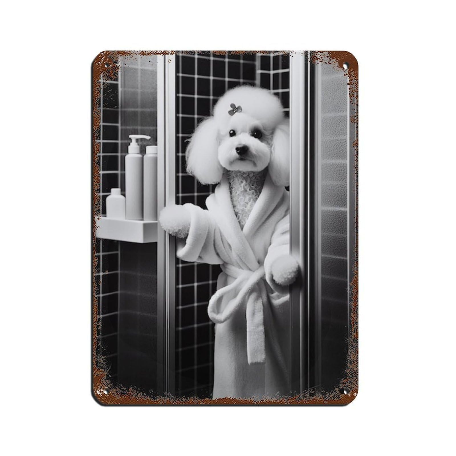 Lxwnze 30L X 40W Cm Poodle Bathroom Art Poster Retro Poster Metal Tin Sign Chic Art Retro Iron Painting Bar People Cave Cafe Family Garage Poster Wall Decoration 12X16inch(30X40cm)