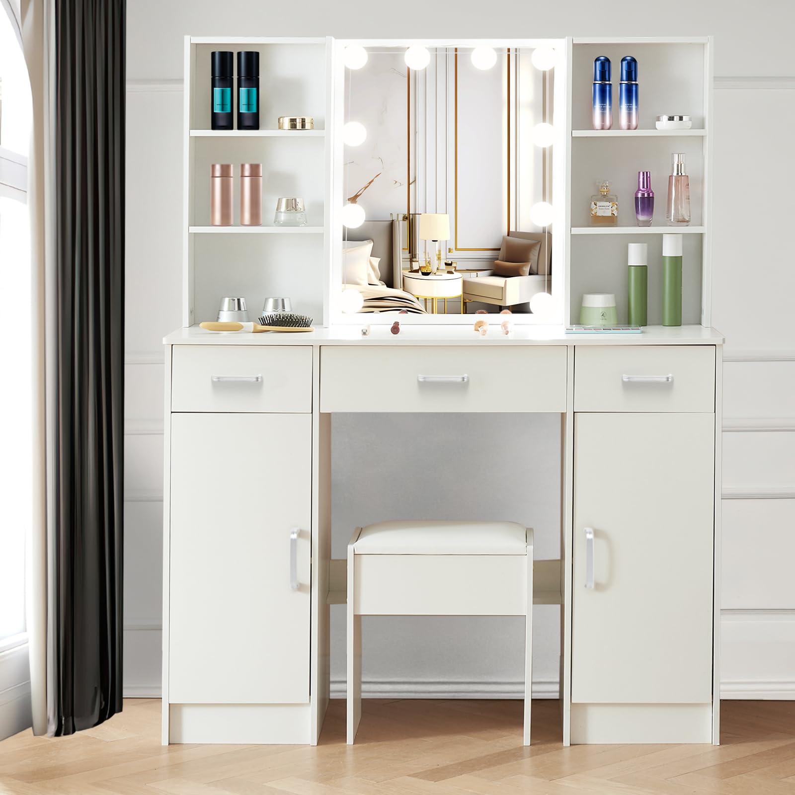 Koestem Dressing Table With Hollywood LED Mirror And Stool, Makeup Vanity With 4 Open Shelves