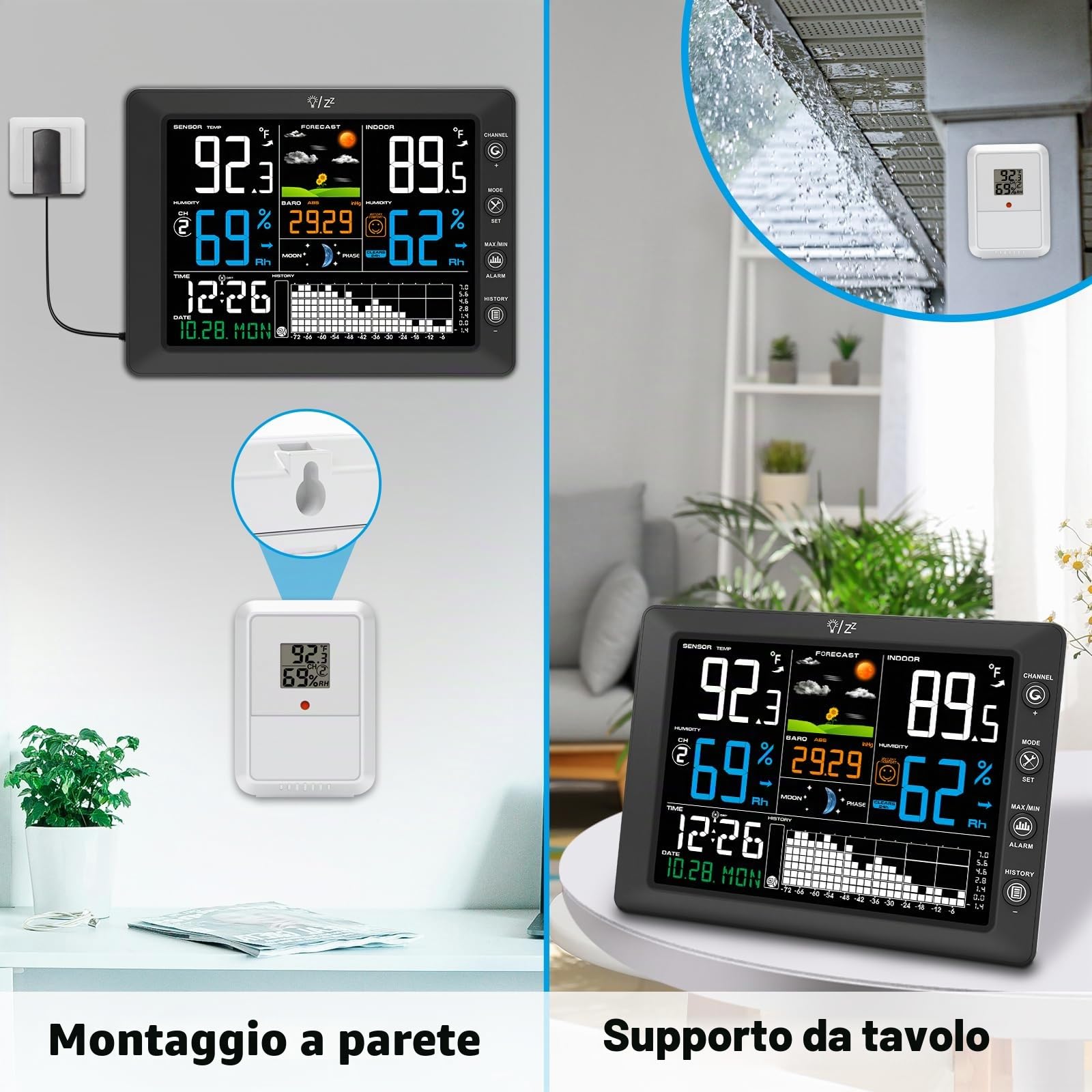 Urageuxy Stazione meteo radio con sensore esterno, orologio radio DCF con grande display a colori, termometro interno esterno, igrometro, previsioni meteo, distanza di trasmissione, misurazione della