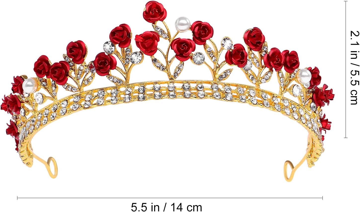 Red Rose Bridal Tiara Bride Headdress Alloy Rhinestone Wedding Crown for Prom, Pageant, Birthday, Party, and Halloween - Image 6