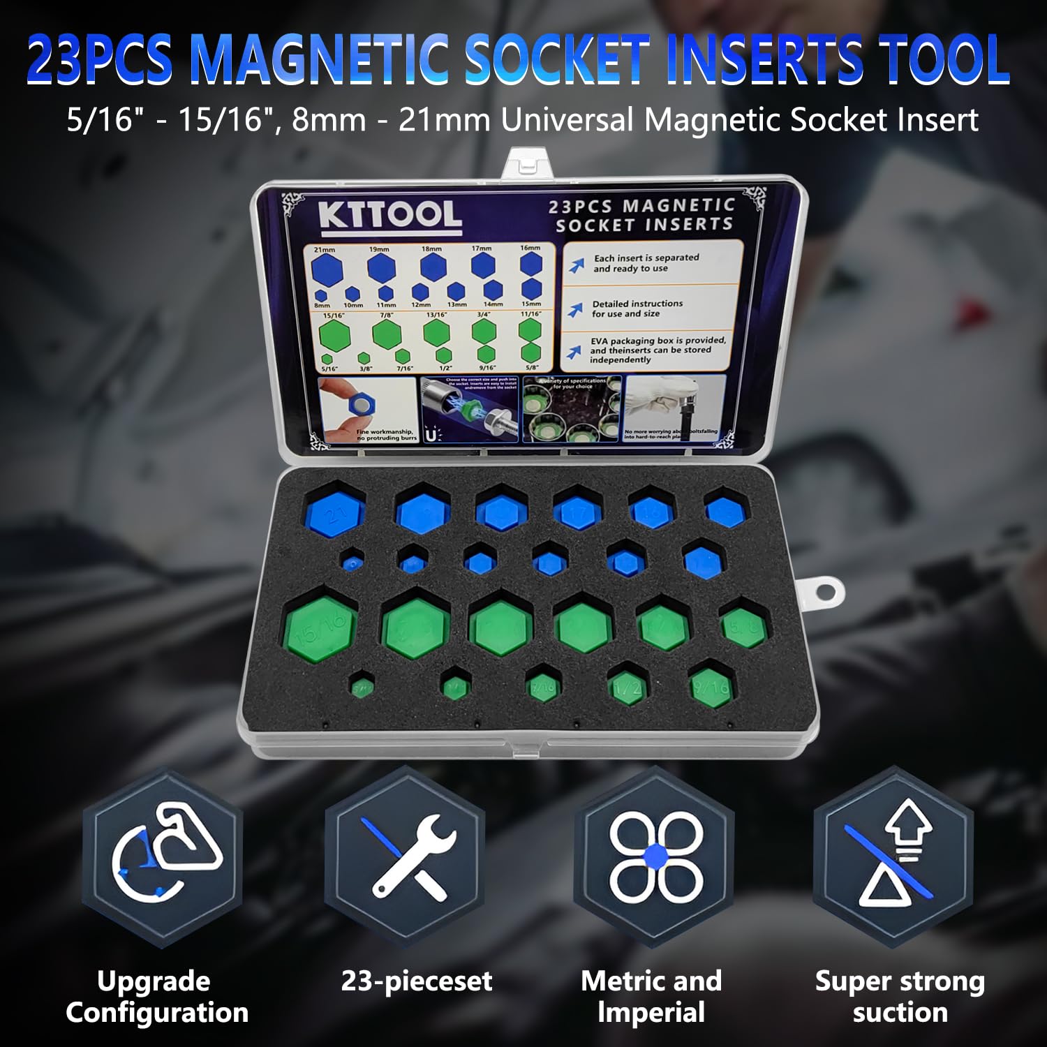 KTTOOL 23 Pcs New SAE and Metric Magnetic Socket Inserts Tool Set, 5/16" - 15/16", 8mm - 21mm Universal Magnetic Socket Insert - Image 2