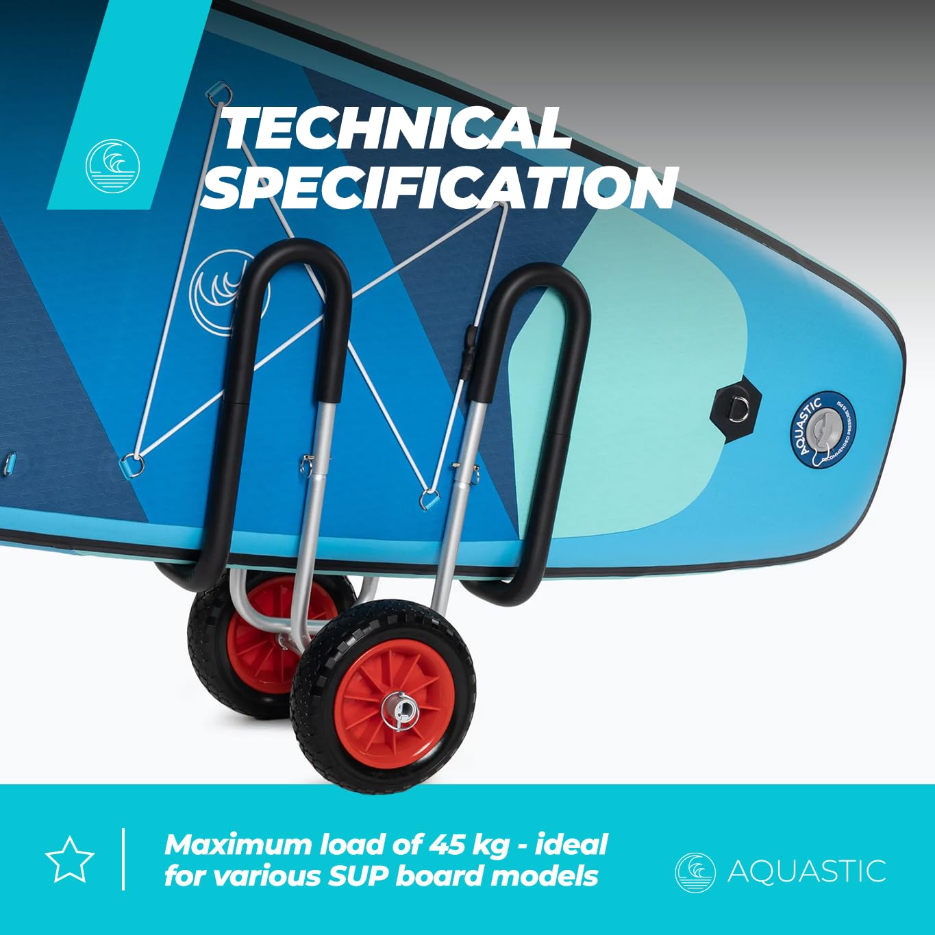 AQUASTIC SUP Board Trolley – leichte Aluminiumkonstruktion, robust 45 kg Traglast, 10″ Transportrollen, inkl. Sicherheitsgurt & Schutzpolster – praktischer Strand‑ & Reisebegleiter