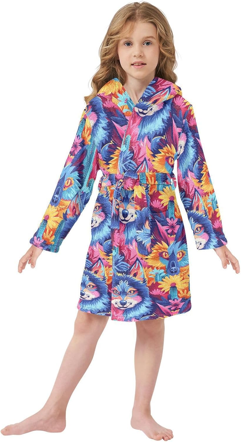 senya Wolfs Face Cartoon Bright Toddler Hooded Bathrobe Kids Soft Plush Bath Towel Robes for Boys Girls 2-12 Years
