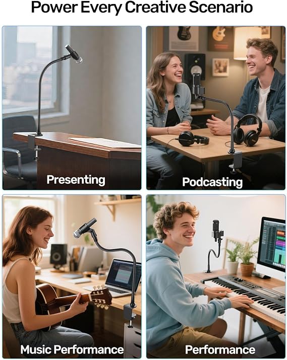 19-inch Gooseneck Microphone Stand with Desk Clamp - High Weight Capacity & Flexible Gooseneck Arm with 2 Mic Holders, 1/4
