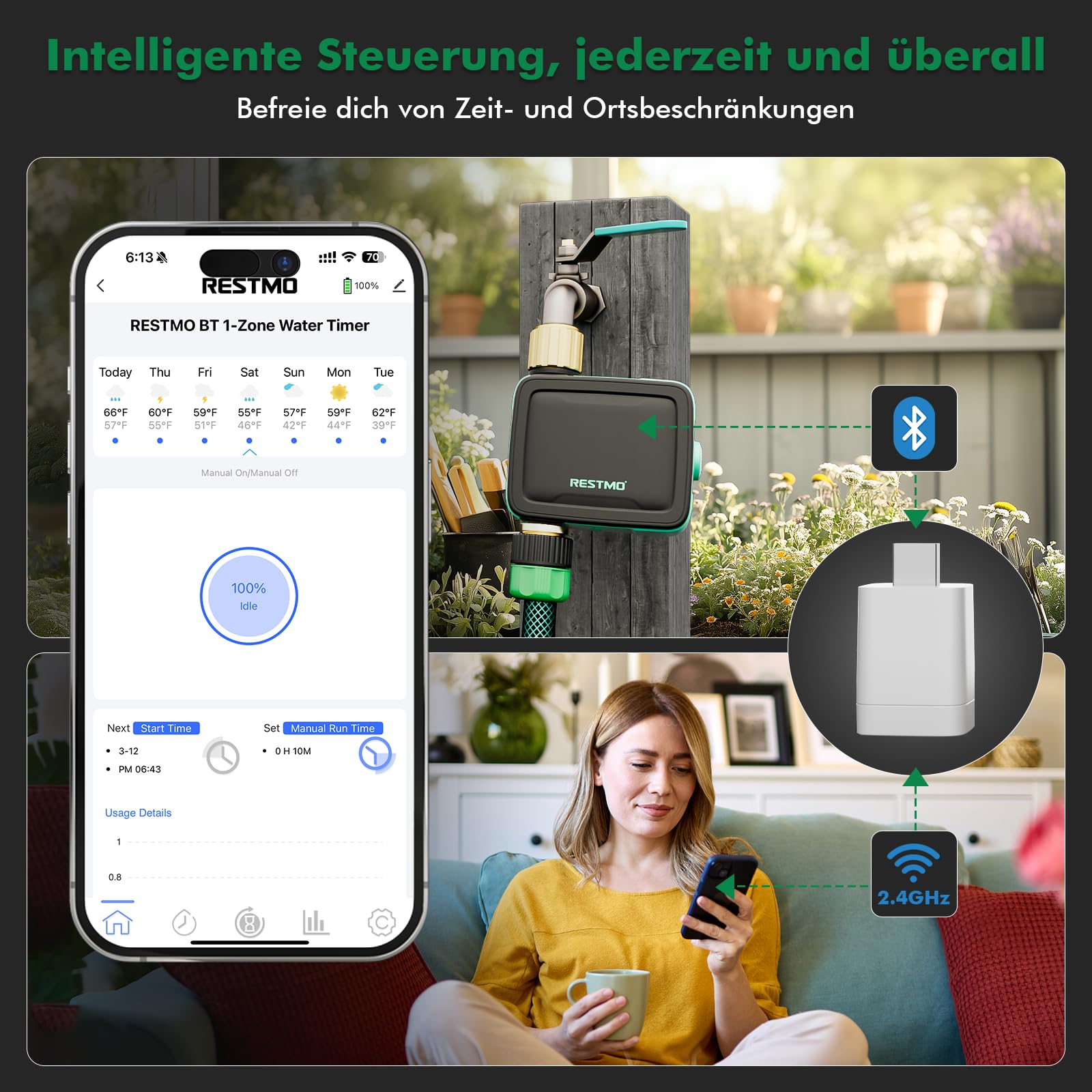 Ordenador de riego de 1 Zona con Bluetooth+Wi-Fi Integrado y Control de aplicación, automático/Manual/retardo de Lluvia, Temporizador de riego para Manguera de jardín, Grifo Exterior, césped