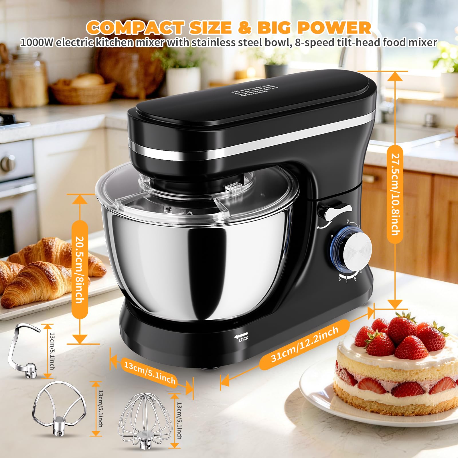Robot Pâtissier, 1000 W, 8 Vitesses, Fonction Pulse,5L Bol Mélangeur en Acier Inoxydable,Avec fouet, Crochet Pétrisseur et Batteur Plat (Noir)