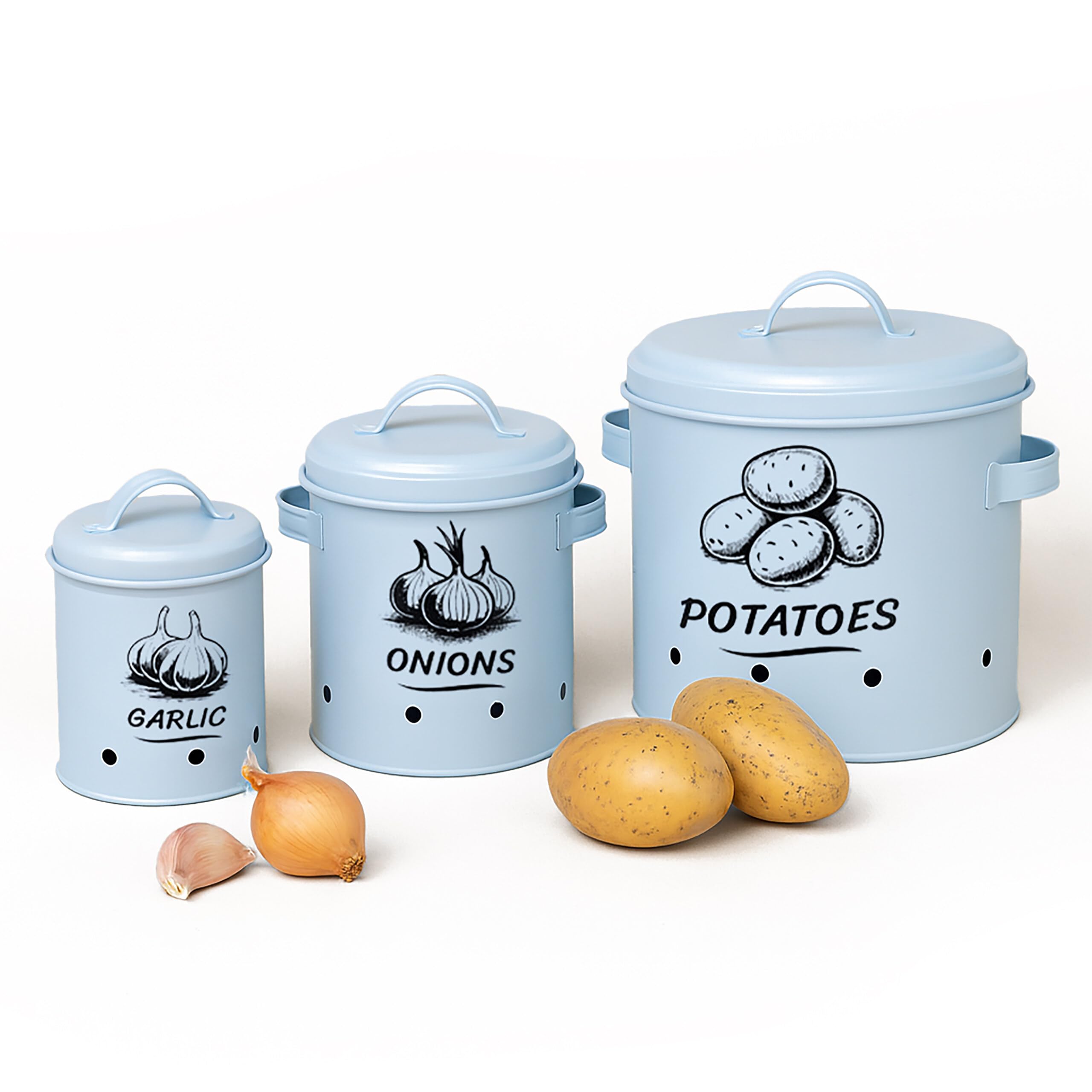 Relaxdays Potato Storage Box, Onions, Garlic, Set of 3, with Lid & Holes, Metal, Onion Pot, Light Blue