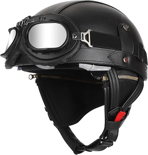 Casco de motocicleta de cuero estilo alemán para adultos, hombres y mujeres, cara abierta, casco retro, aprobado por DOT, gorra vintage, medio casco