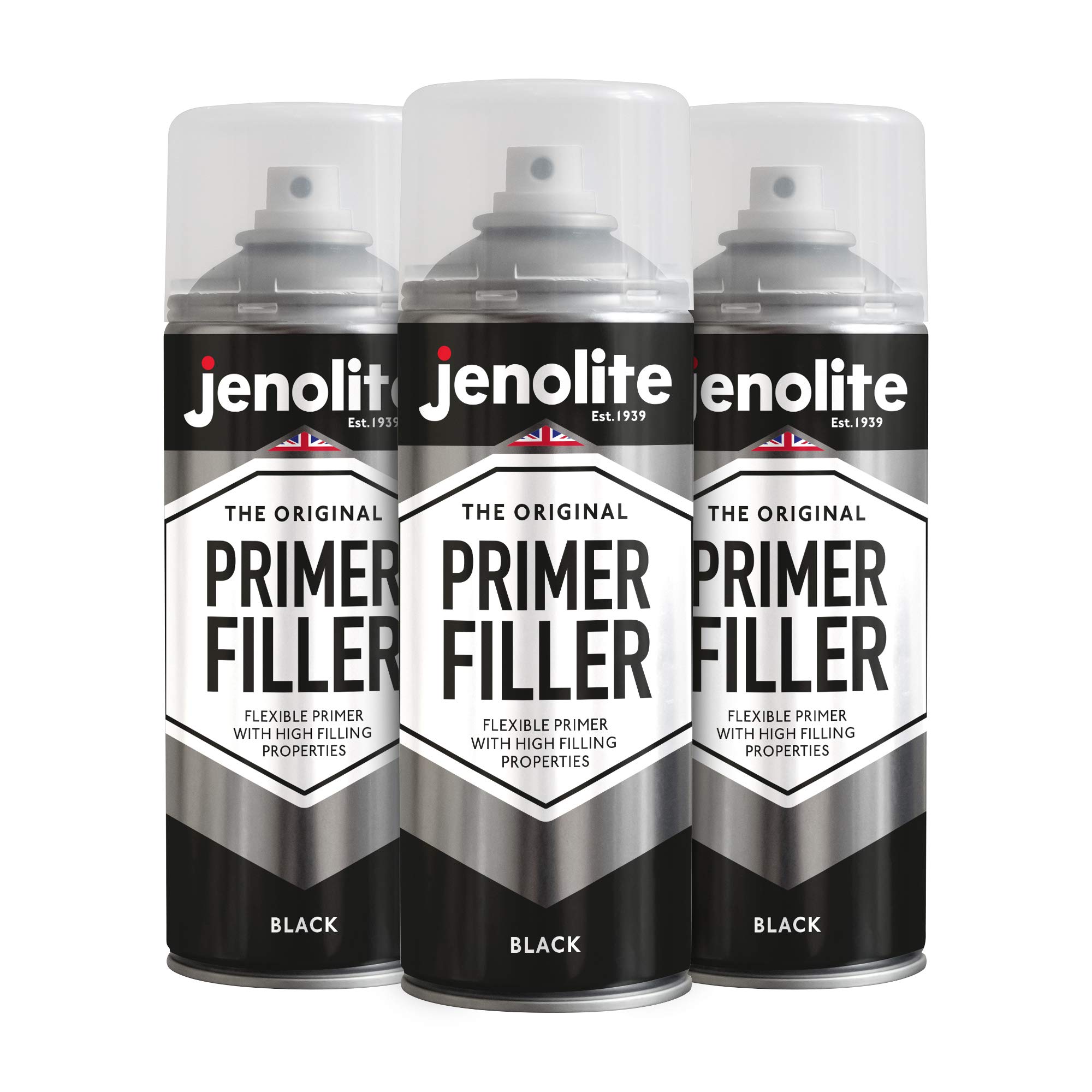 Jenolite Black Primer Filler Spray Paint | | High Fill Multi-Surface Primer Paint | Fills Small Dents & Scratches | Perfect For Car Bodywork, 3D Printer Models & More | 3 X 400Ml