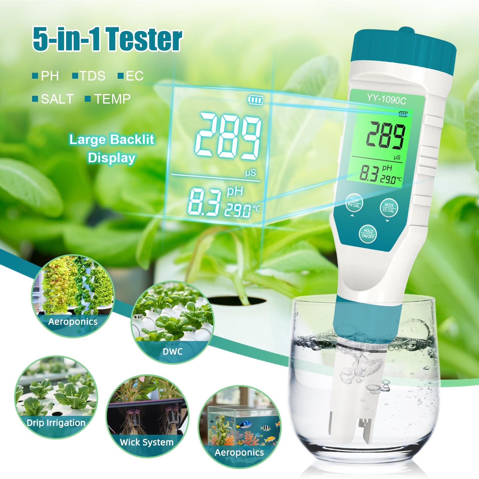 Medidor de pH para hidroponía y medidor de sal de spa - Medidor de pH, salinidad, TDS, EC y temperatura 5 en 1 con calibración de 12,88 mS/cm - Monitor de calidad del agua de piscina de agua salada