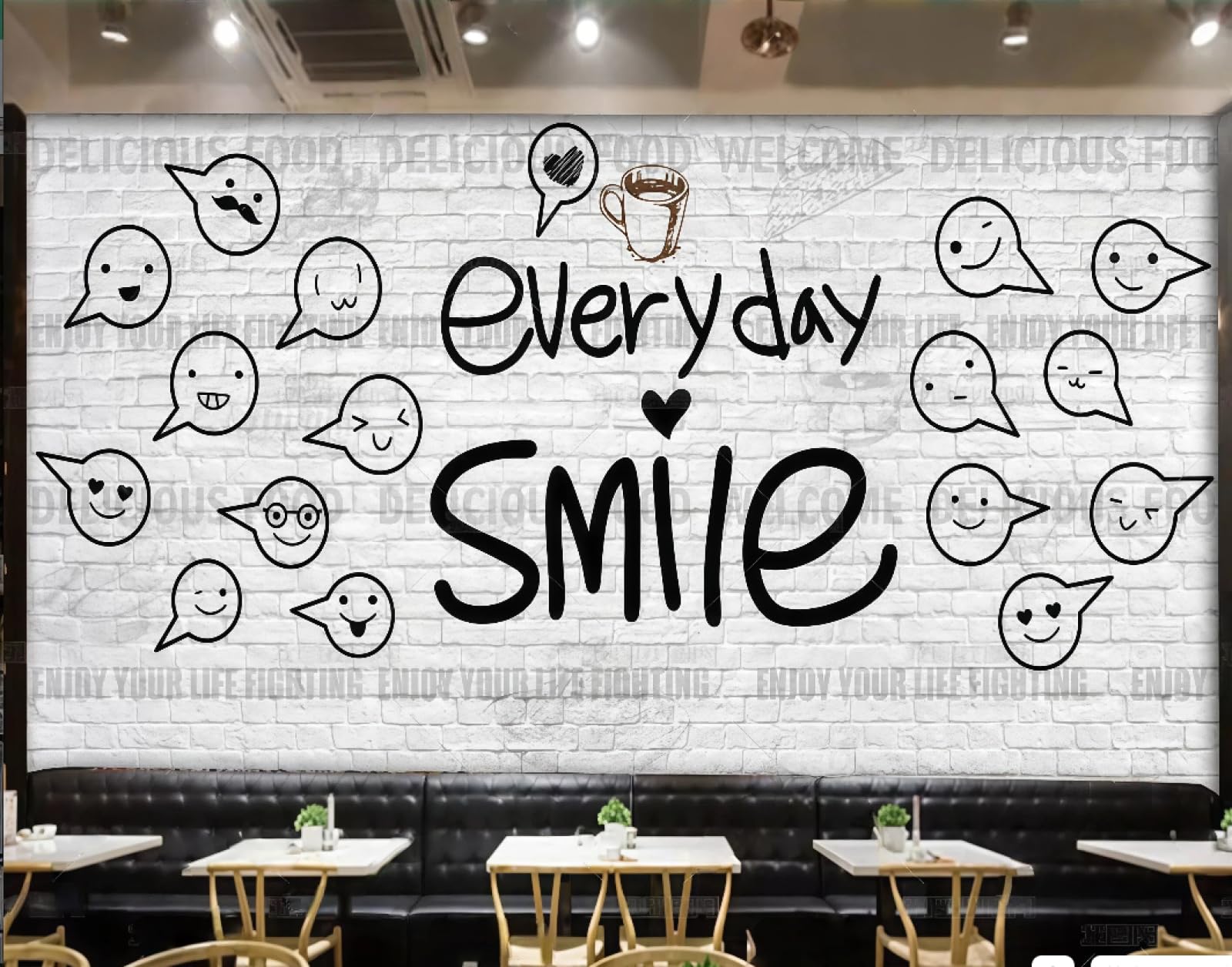 XDOUBAO Wallpaper White Brick Wall Hand-Painted Smile Emoticon Graffiti Bar Mall Afternoon Tea Western Restaurant Background Wall Wallpaper Coffee Shop Mural,3D,150x105cm