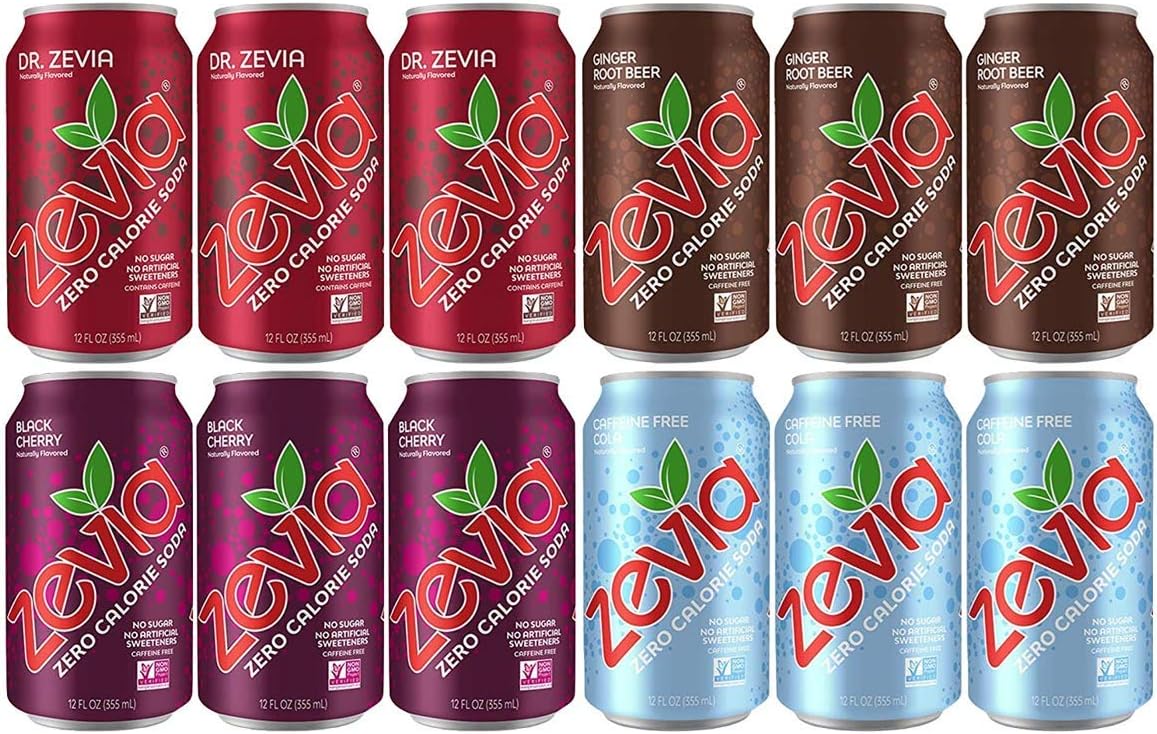 Zevia Soda Zero Calorie Sugar Free (12 pack) Ginger Root Beer, Black Cherry, Caffeine Free Cola, Dr. Zevia, Organic, Vegan, Gluten Free, Stevia Sweetened Keto Drinks