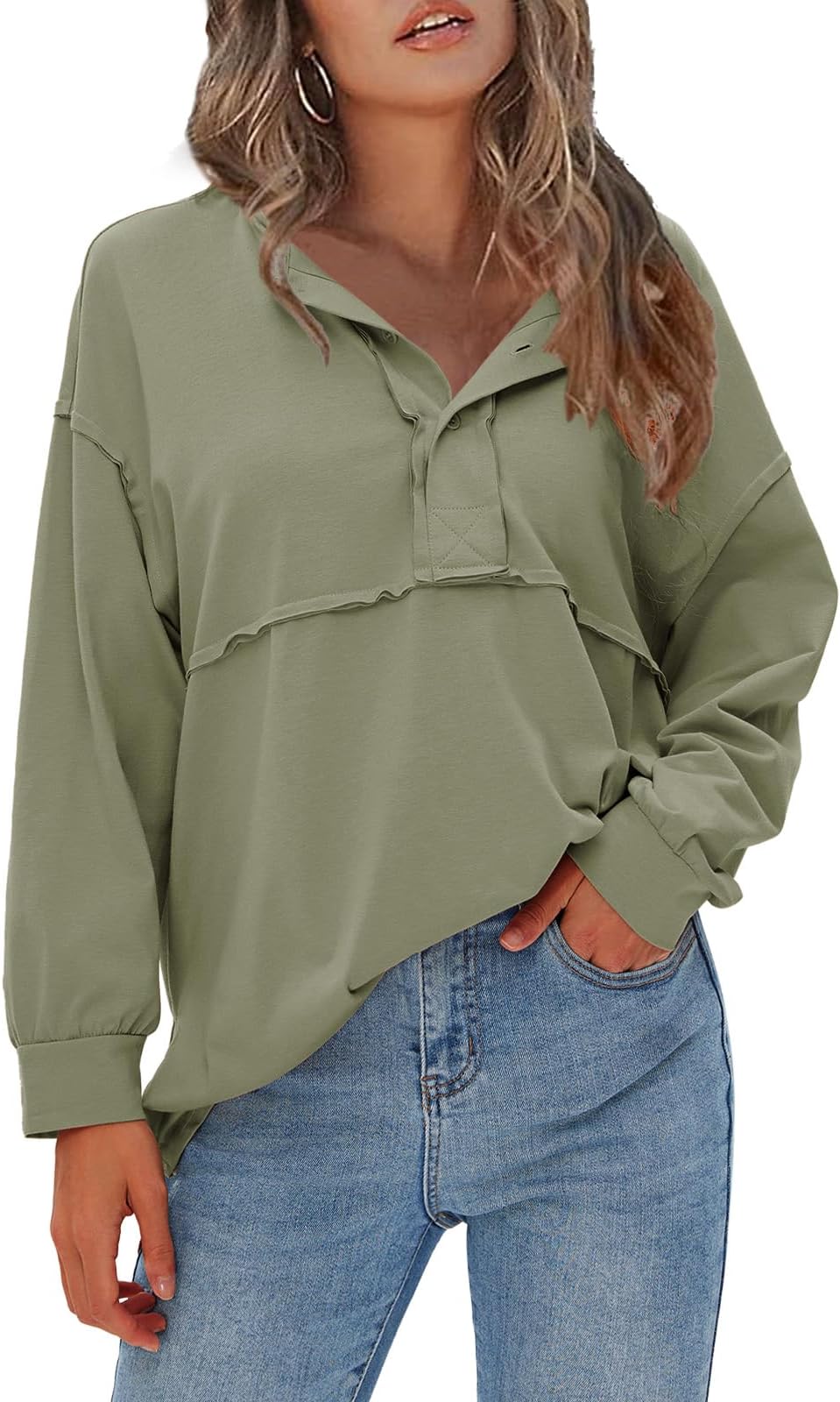 EXLURAWomens 2024 Fall Fashion Long Sleeve Henley Shirts Casual Button Down V Neck Tunic Blouses Loose Pullover Tops Outfits