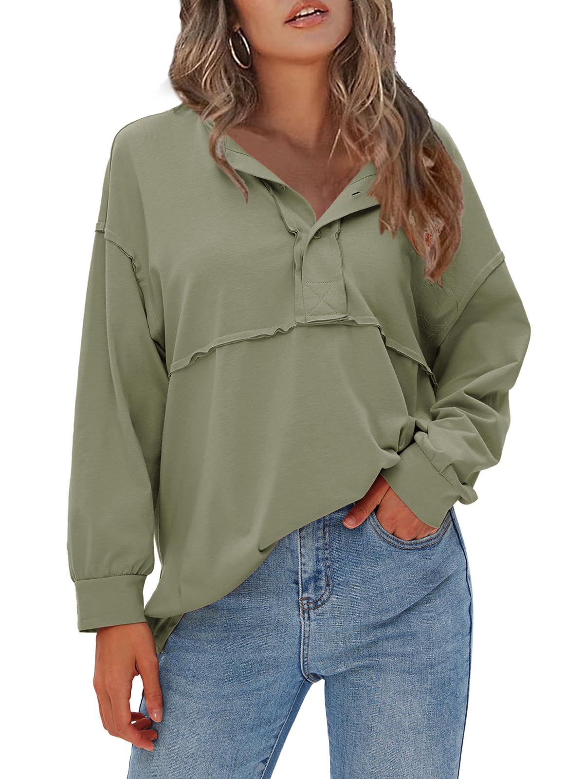 EXLURAWomens 2024 Fall Fashion Long Sleeve Henley Shirts Casual Button Down V Neck Tunic Blouses Loose Pullover Tops Outfits