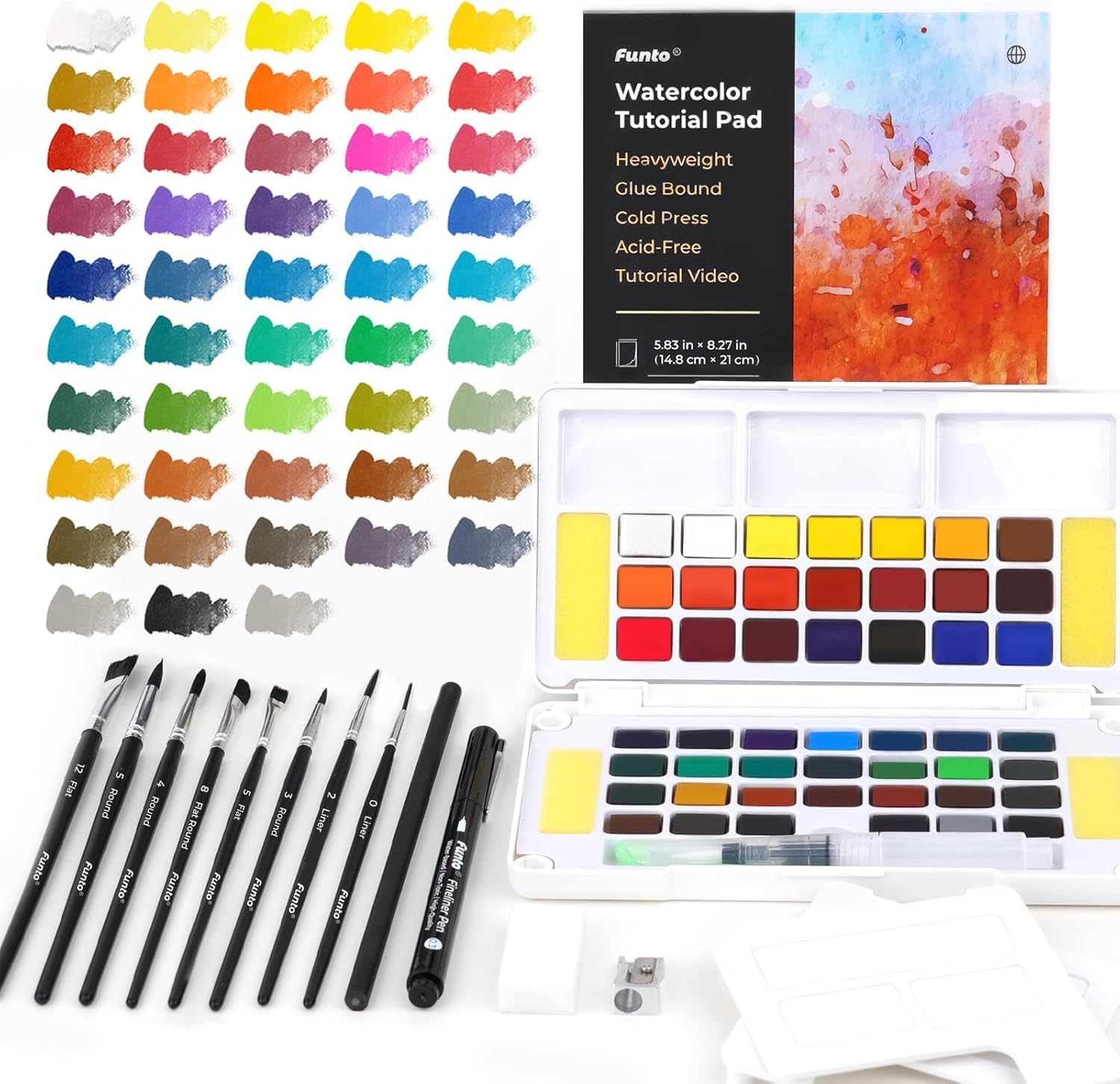 Funto Trousse de peinture aquarelle, 48 couleurs, bloc de tutoriel, 8 pinceaux, crayon, fineliner, gomme, ruban adhésif, taille-crayon, vaporisateur, trousse de peinture pour adultes, débutants