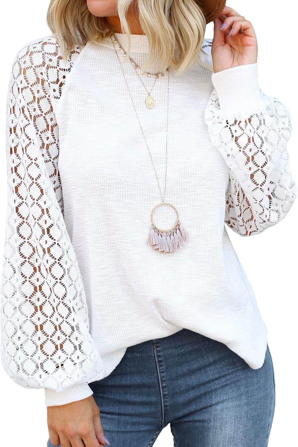 MIHOLL Women's Long Sleeve Tops Lace Casual Loose Blouses Shirts Dressy Outfits