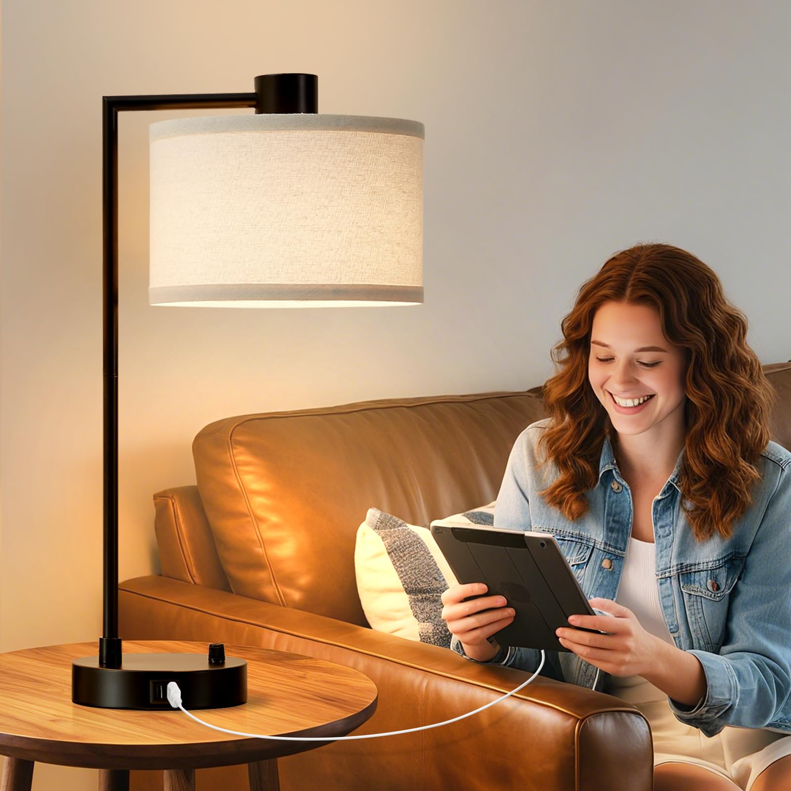 GyroVu Nachttischlampe, Tischlampe mit Ladefunktion USB A+C-Anschlüssen, Stufenlos Dimmbar, Leinen-Lampenschirm, Bedside Lampe für Wohnzimmer Studierzimmer Büro (Glühbirne inklusive)
