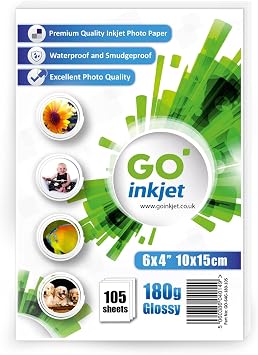 Go Inkjet Photo Paper 6x4 inch 10x15 cm Glossy 100 Sheets, 180 GSM for HP Canon Epson Inkjet Printers to Print Photographs