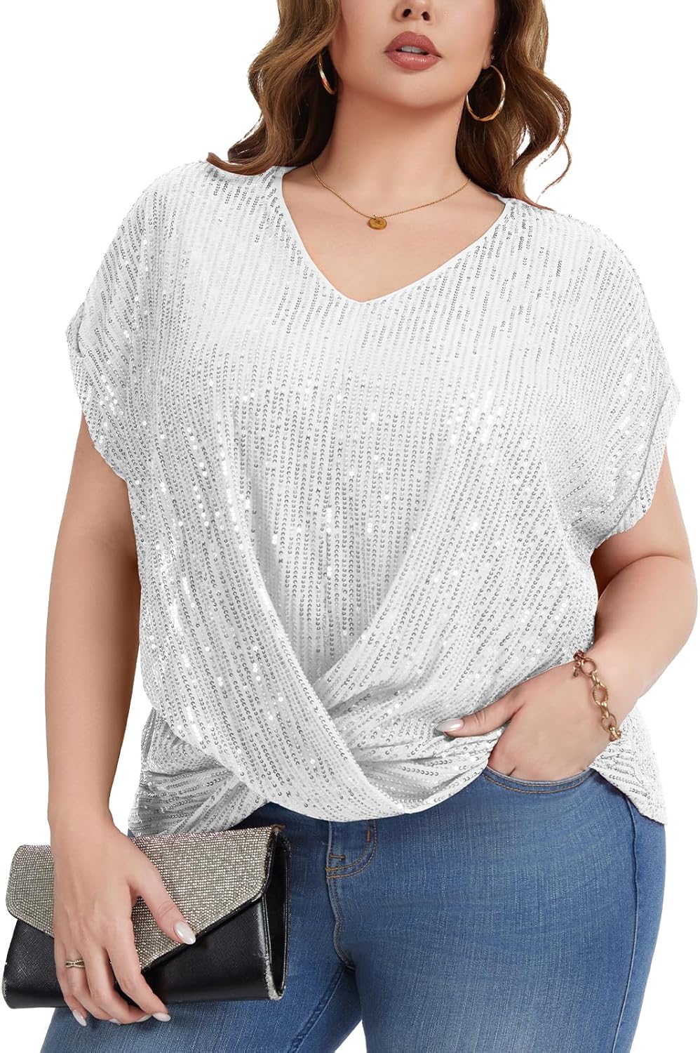 Women's Plus Size Sequin Top Short Batwing Sleeve V Neck Shirts Elegant Dressy Blouses Fully Lined Tunic Tops