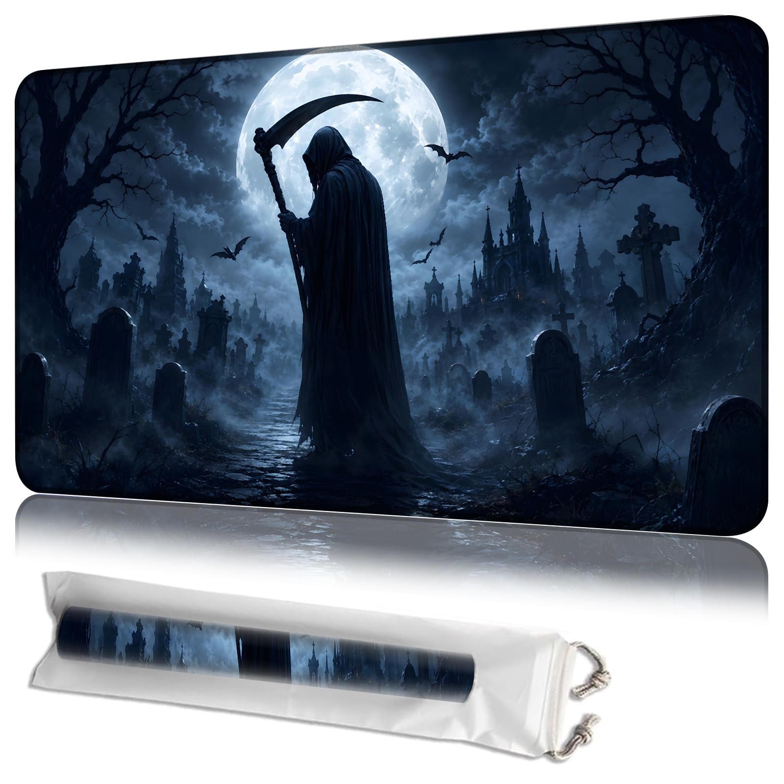 JANENFNA Crimson Moon White Fox MTG Playmat, 24 x 14 Inch Gaming Mat