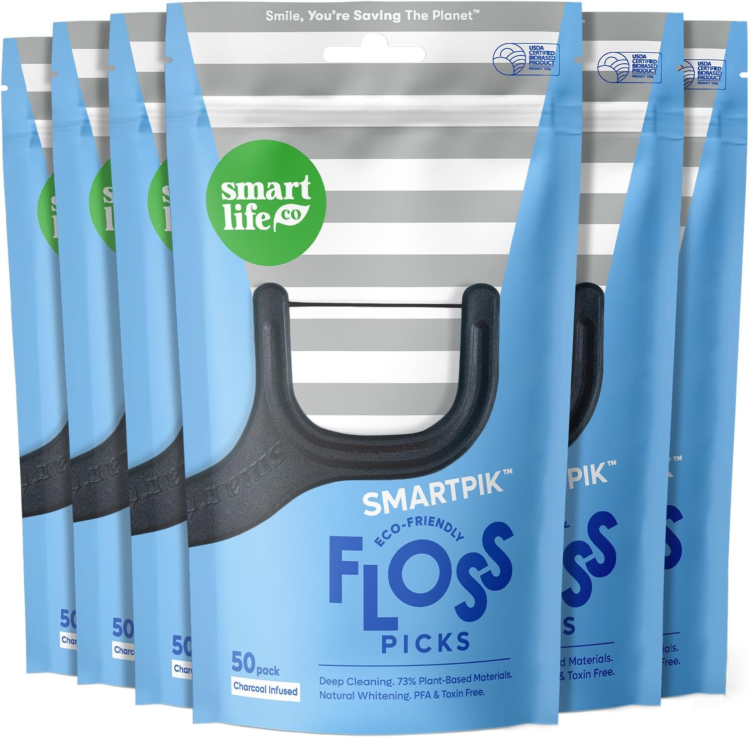 Biodegradable* Dental Floss Picks - Charcoal Thread Flossers for Adults, All Natural Teeth Whitening, Eco Friendly Straw Wheat Handle, Toothpick Stick Soft on Gums, Zero Waste Vegan, 300x