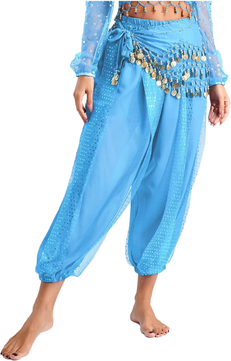 YiZYiF Women's Belly Dance Costume Sequined Layer Pants Split Harem Pants Arabic Halloween Trousers