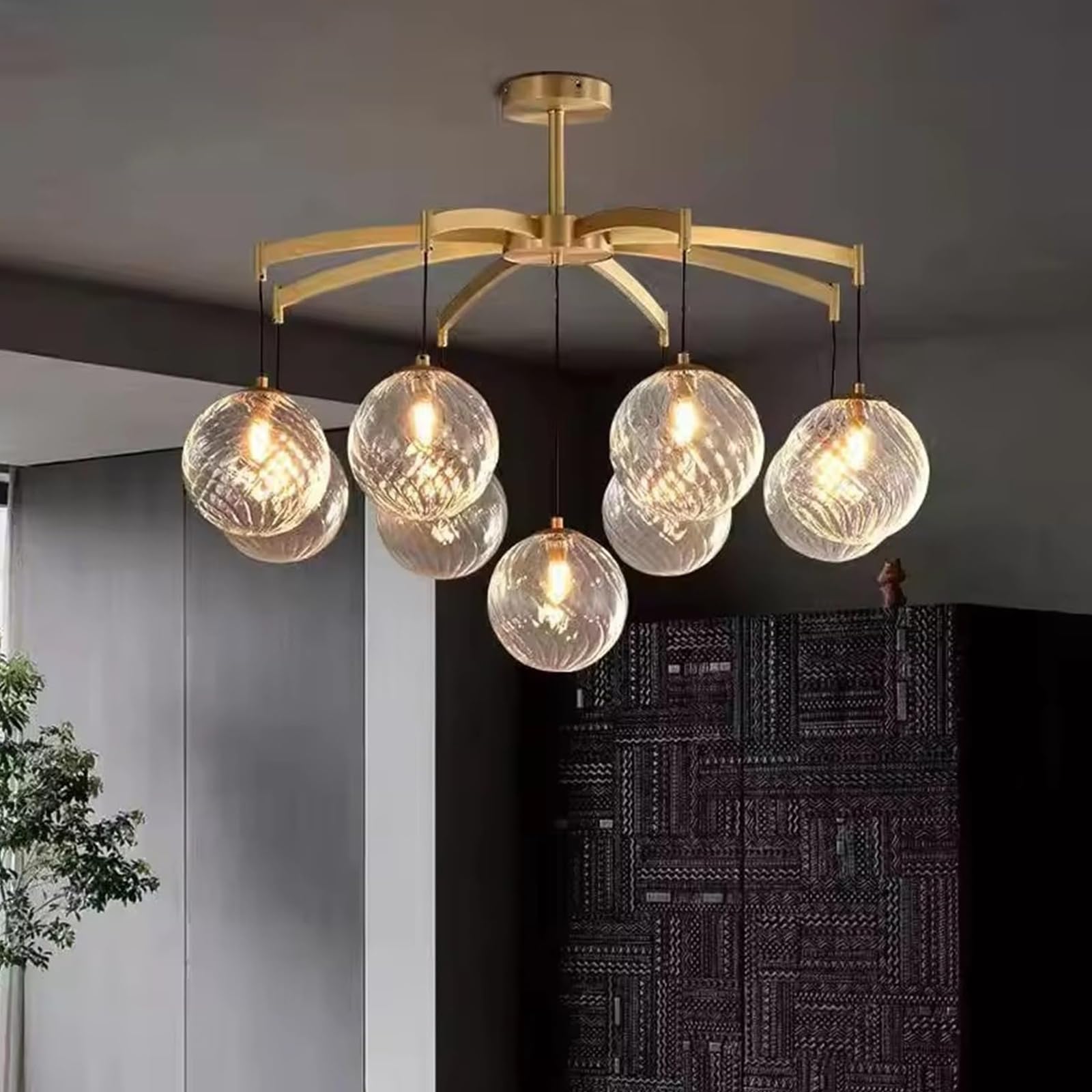 Lustre en verre doré entièrement en laiton, suspension ronde en verre soufflé transparent, hauteur réglable, pour salle à manger, cuisine, restaurant (9 têtes, doré)