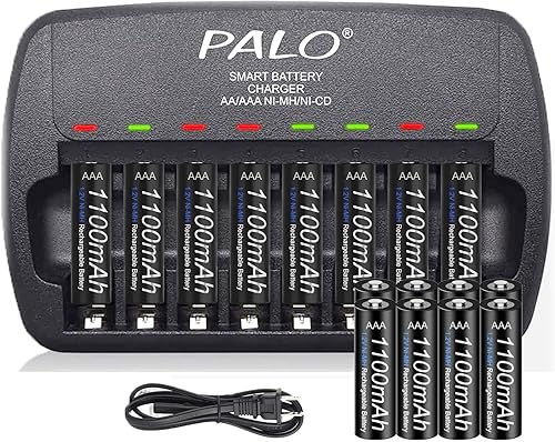 Palowextra Paquetes de baterías recargables AAA con kits de cargador, 16 paquetes de 1.2 V Ni-MH de baja autodescarga triple A con cargador de