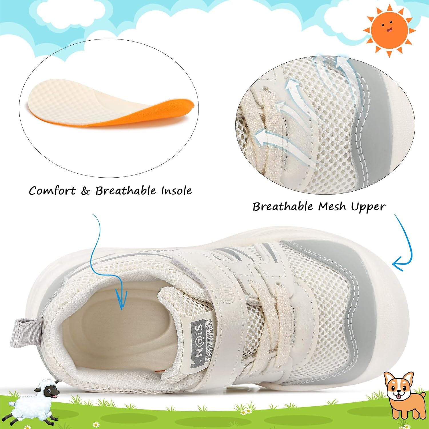 DEEKEY Toddler Boys Girls Tennis Shoes Unisex Kids Slip on Wide Barefoot Shoes Breathable First Walking Shoes Non Slip Lightweight Baby Sneakers Athletic Outdoor Running Shoe with Hook and Loops