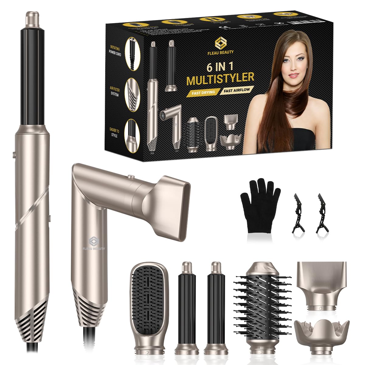 Pędzel do suszarki do włosów Fleau Beauty - Edycja PRO - Multistyler - Airstyler - Hairwrap - Szczotka do loków - Suszarka do włosów - Hairstyler - Zestaw 6 w 1 (szary - Zestaw 6 w 1)