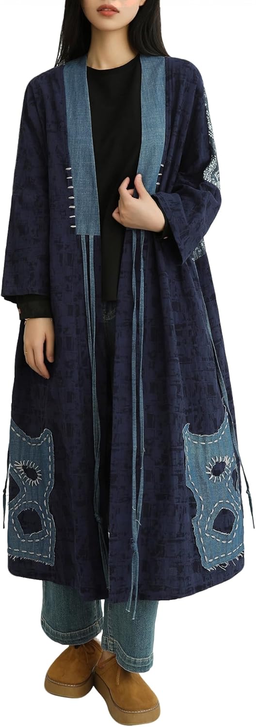 Women's Blue Denim Patchwork Kimono Jacket Loose Cardigan Spring Fall Floral Print Outerwear
