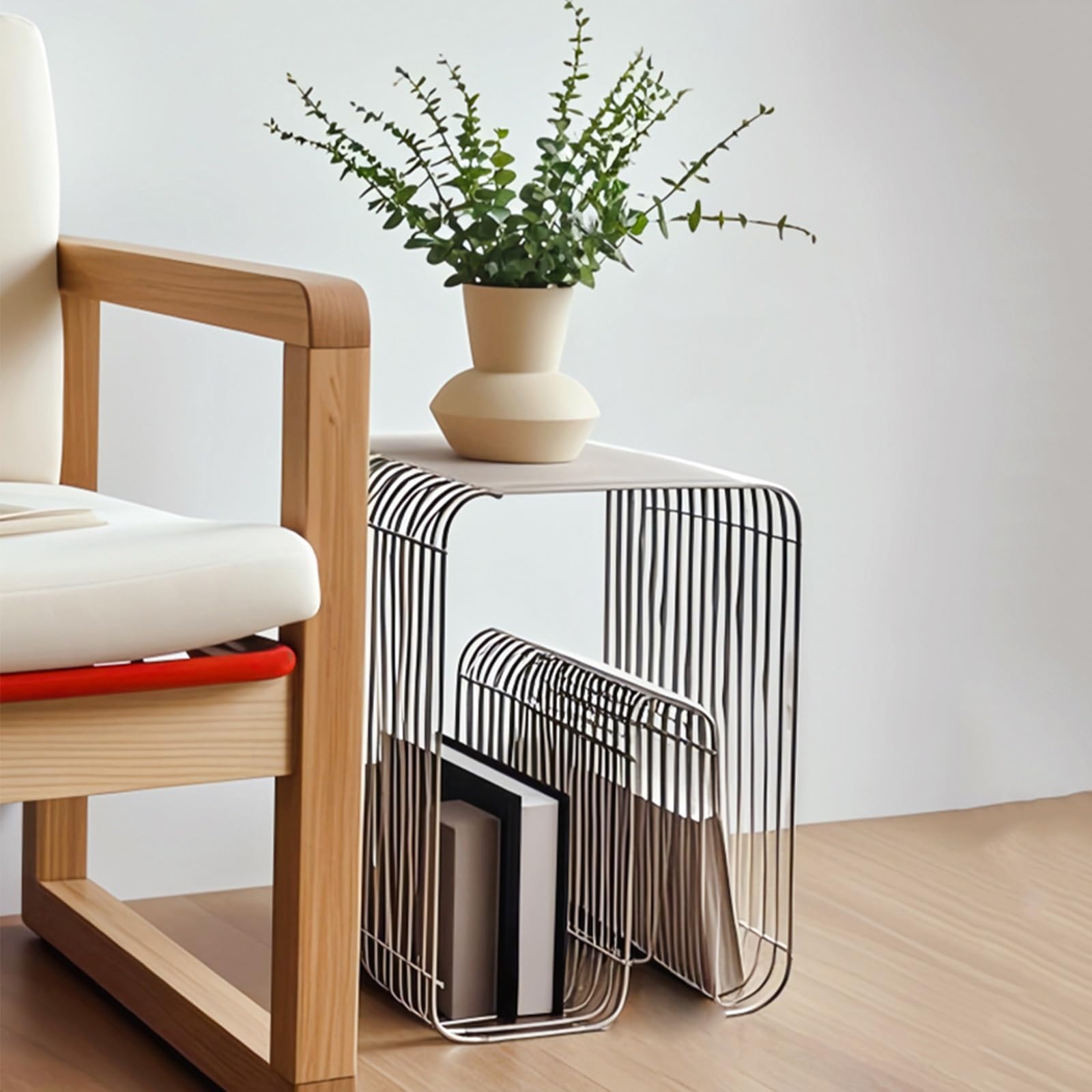 Beistelltisch aus Metall, Moderner Couchtisch, Schlichter Zeitungsständer, Kein Zusammenbau Erforderlich, for Wohnzimmer, Schlafzimmer(Silver)