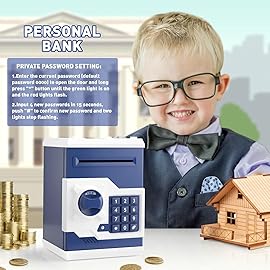 Playsheek Piggy Bank for Girls Boys Large Electronic Money Coin Banks with Password Protection, Automatic Paper Money Scroll Saving Box, Great Gift for Kids(Blue-White)