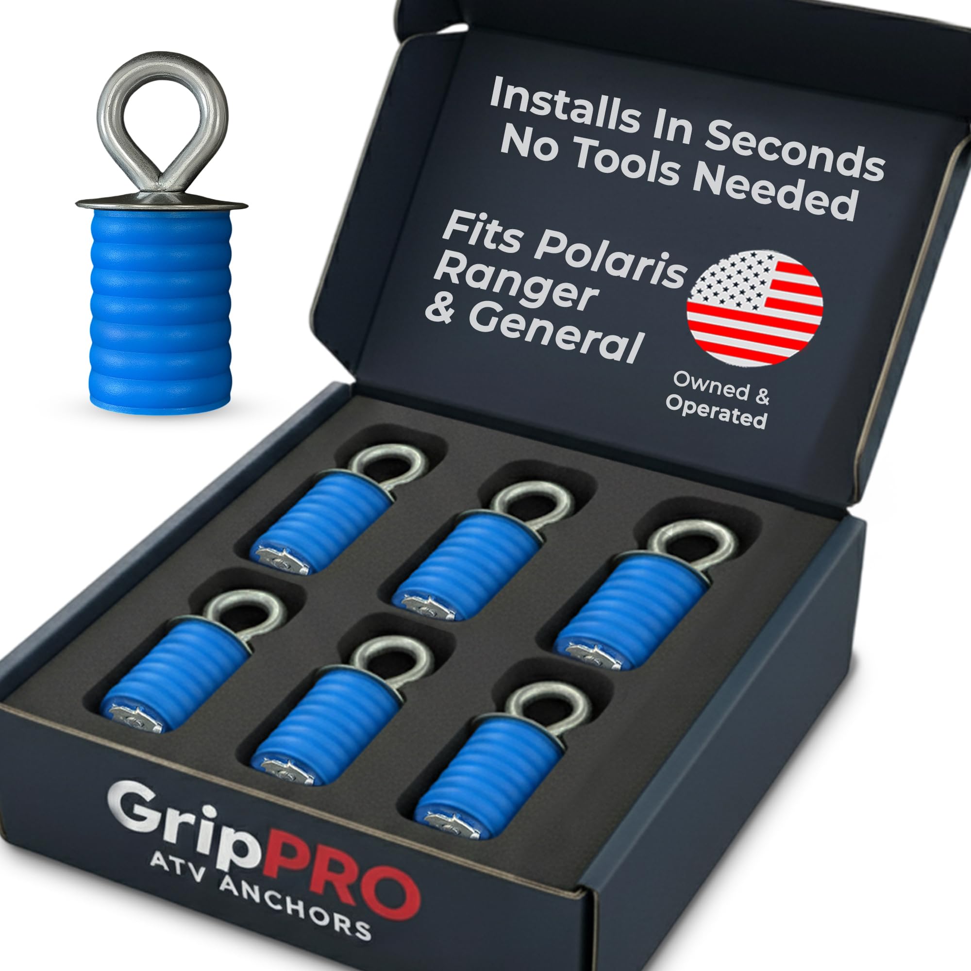 GripPRO ATV Anchors – 6 Pack Fits Polaris Lock & Ride Bed Holes on Ranger & General, Patented Tie Downs for Toolboxes, Coolers, Gear, Fits 1-7/16" Bed Holes, Not for RZR – USA Brand