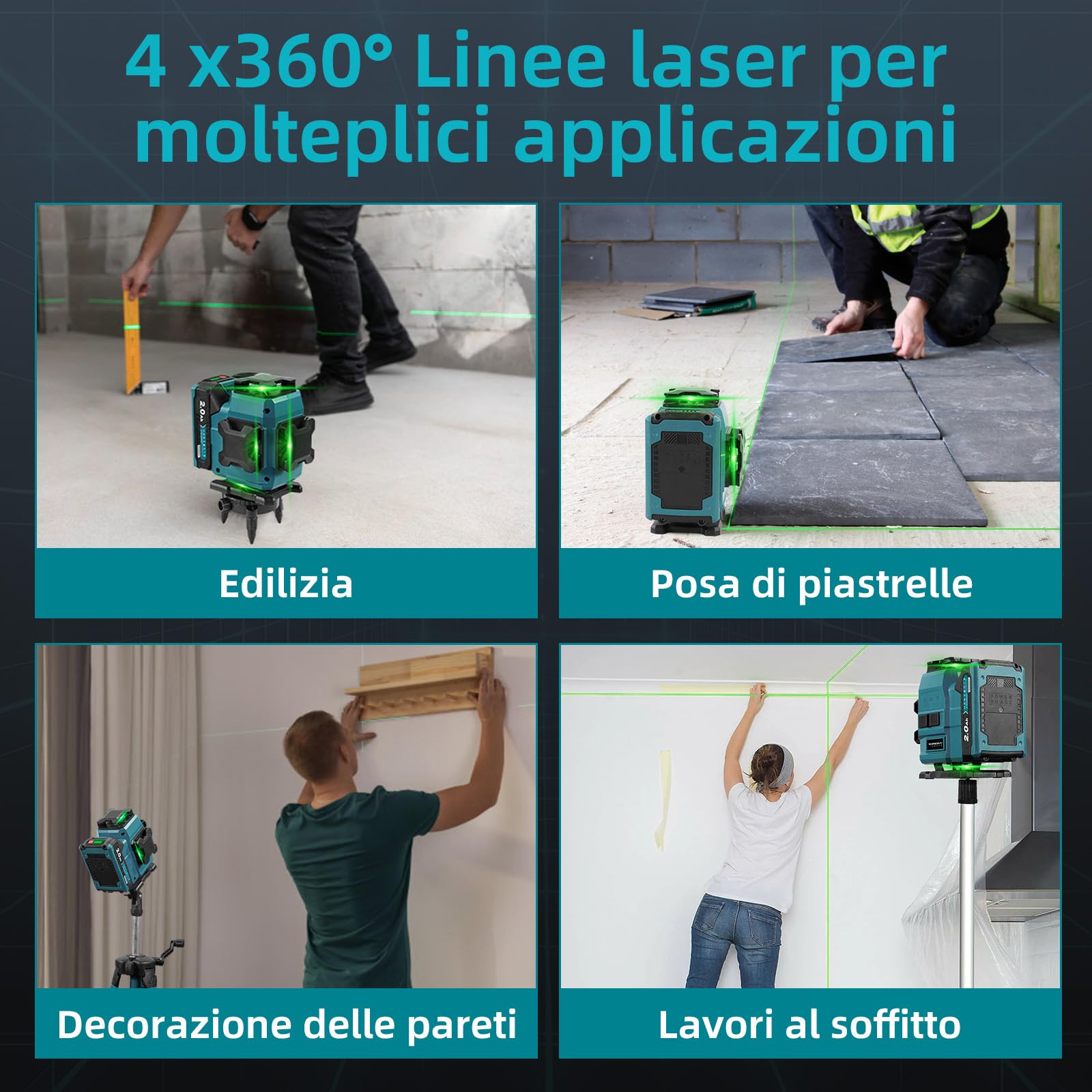 Yofidra Livella Laser con Treppiede - Laser a Linee Incrociate, Laser Autolivellante 4 x 360°, 4D 16 Linee, con 2 Batterie da 2000 mAh, Telecomando, IP54, per Cantieri, Interni