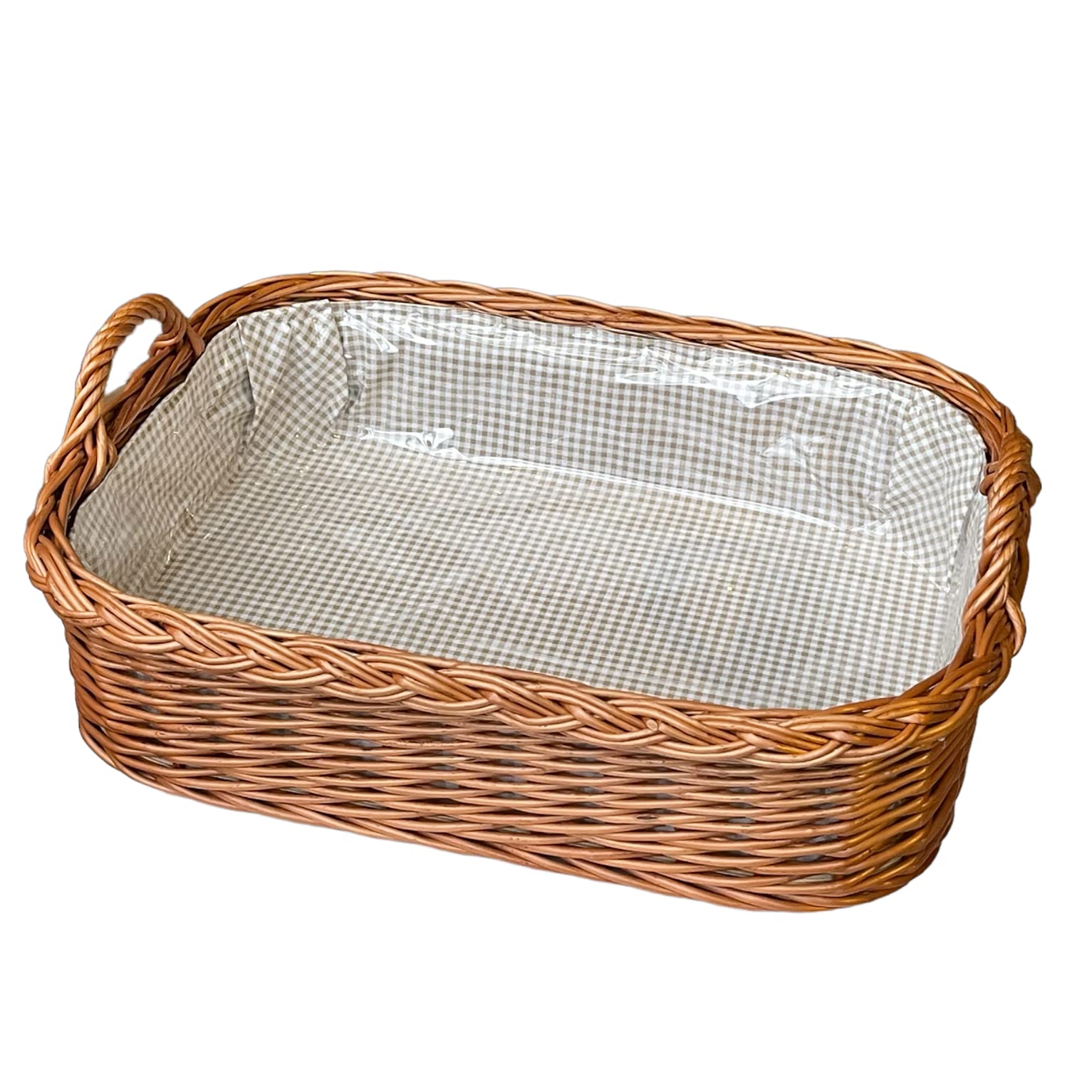Tablett aus Weide mit Futter Olivegrau kariert..2 Griffe