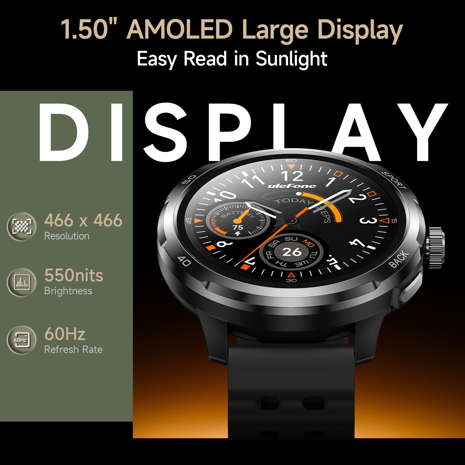 Ulefone Armor Watch Pro, smartwatch militare AI per uomo (accettare/effettuare chiamate), orologio fitness AMOLED da 1,5 pollici, 100+ sport, monitor frequenza cardiaca/SpO2/sonno, smartwatch
