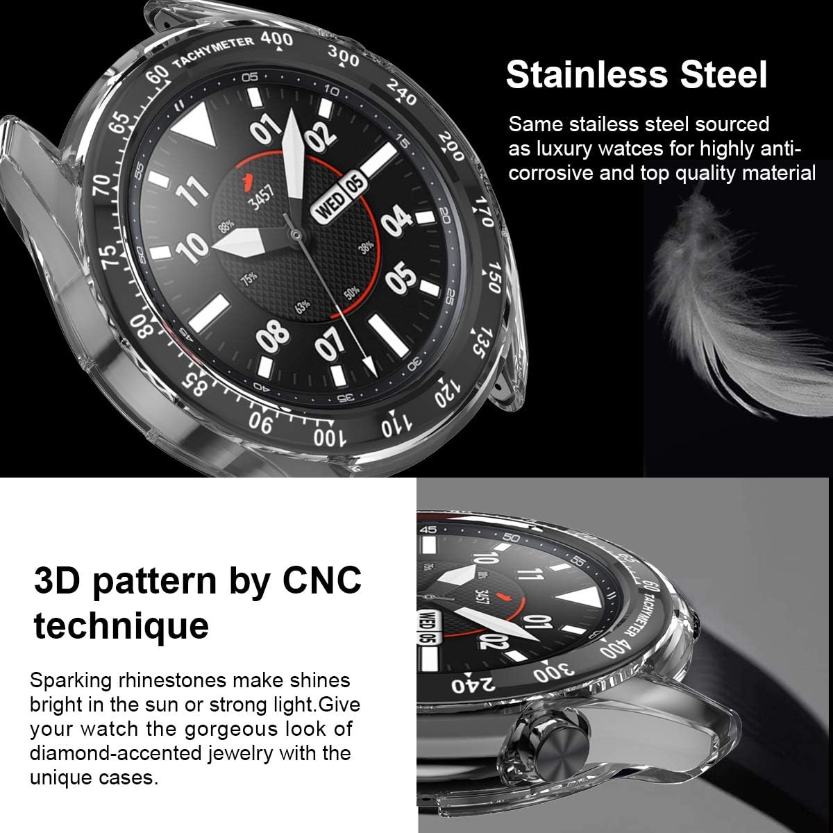 [2 Pack] JZK Samsung Galaxy Watch 3 45mm Bezel Ring Styling Bumper,Adhesive Cover Anti Scratch & Collision Protector Bezel Loop+Protector Case for Samsung Galaxy Watch 3 45mm Accessories