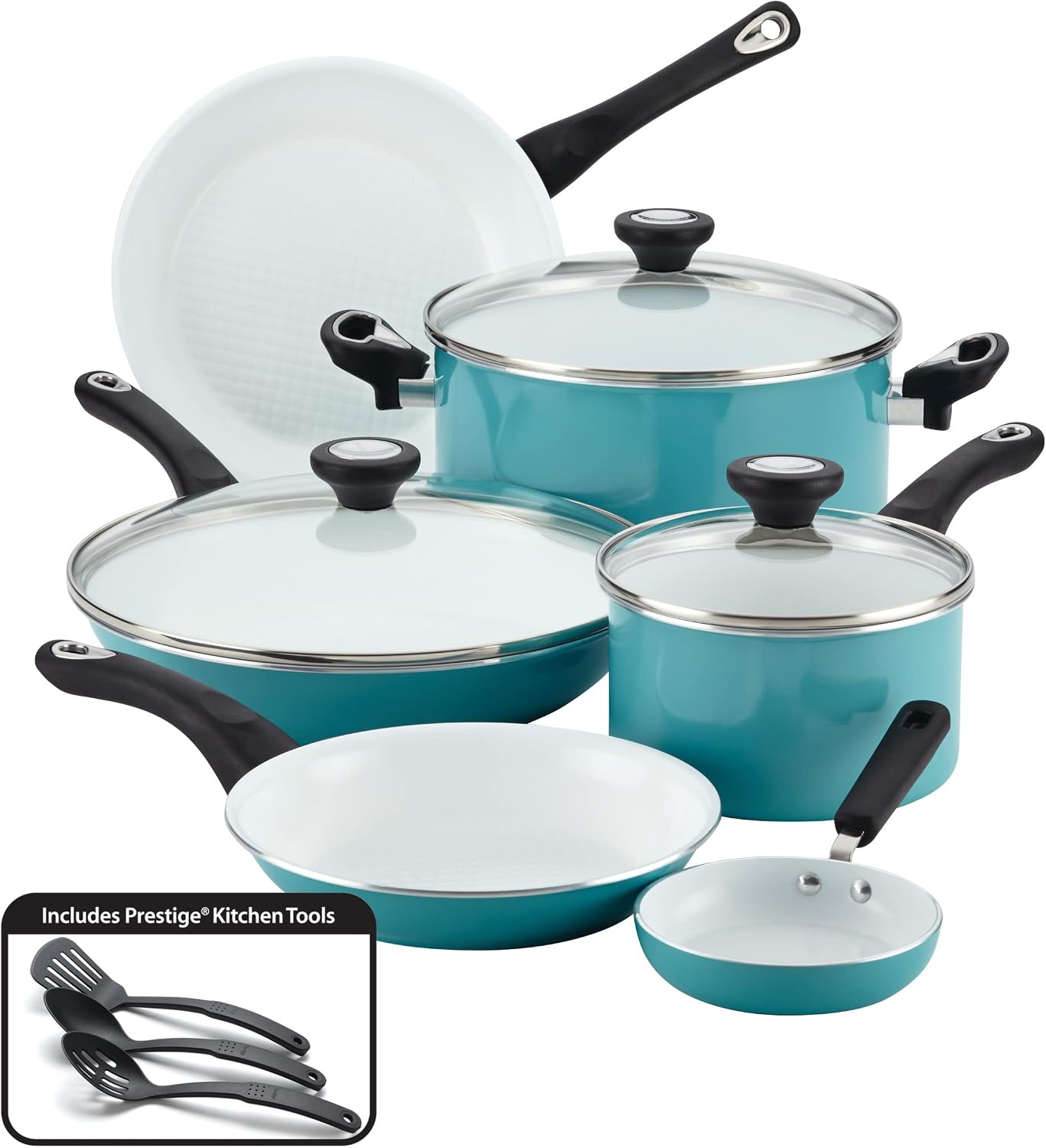 Farberware Ceramic Nonstick Cookware Pots and Pans Set, 12 Piece, Aqua