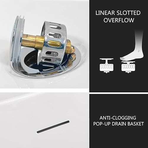 Miniatura 7 de Bañera independiente de acrílico de 55 pulgadas con desbordamiento ranurado lineal y drenaje desplegable antiobstrucción, diseño ergonómico con