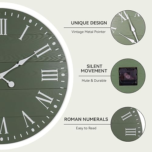Miniatura 3 de Reloj de pared grande con número romano, reloj de pared Shiplap de 35 pulgadas, estilo casa de campo, casi sin tictac, reloj redondo para decoración
