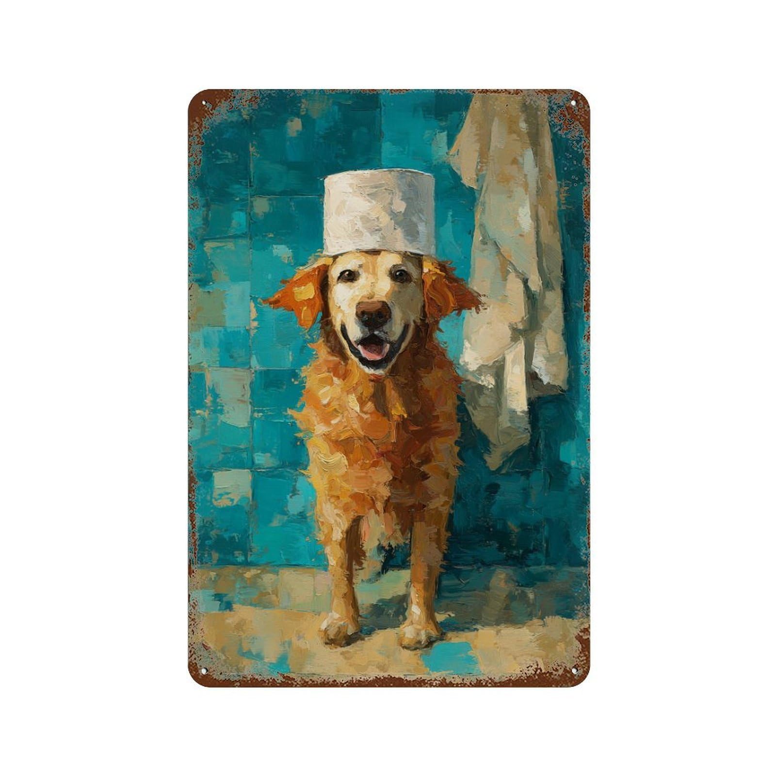 Vintage Rust Metal Sign with Golden Retriever Chef Hat Design 11.8"x7.9", for Office, Studio And Wall Decor, Farmhouse Wall Decor